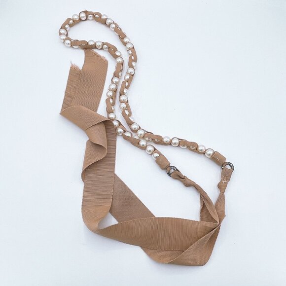 Lanvin Jewelry - Lanvin Iconic Taupe Grosgrain Ribbon & Pearl Necklace Tie Closure